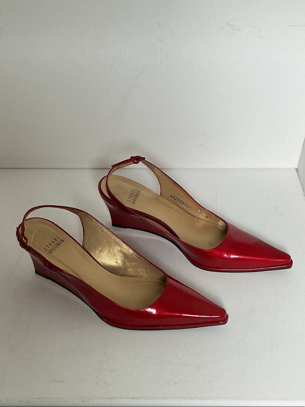 Stuart Weitzman Pointed Toe Slingback Ruby Red Patent Leather Wedge